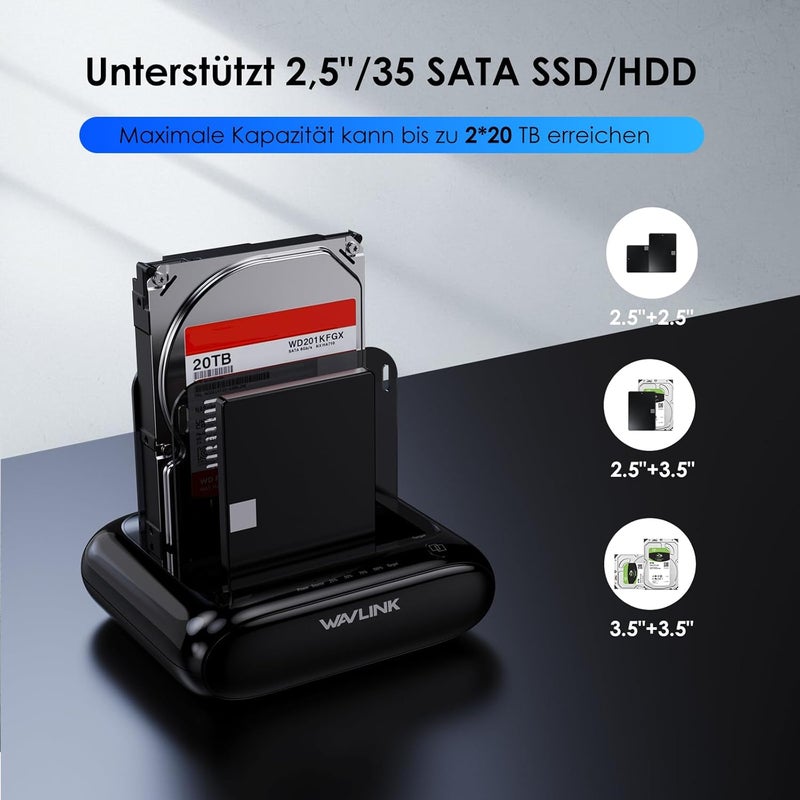 WAVLINK Dual Bay Hard Drive Docking Station - USB 3.0 to SATA I/II/III for 2.5" & 3.5" HDD/SSD with Fixed Bezel, Supports Offline Clone/Duplicator Function, Supports 2x20TB with UASP 6Gbps - Black - Image 4